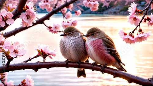 Bird lover on a cherry blossom tree. photo