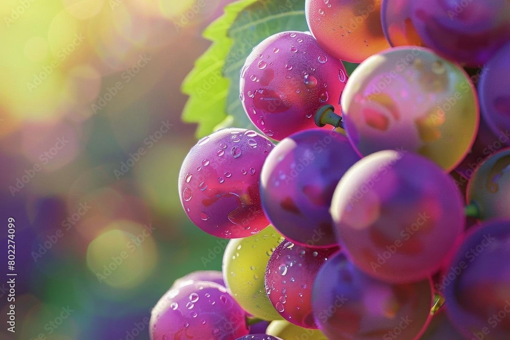 Fototapeta premium Render the rear perspective of a cluster of organic grapes, each grape glistening in natural light, showcasing the varying shades of purple and green, inviting the viewer to reach out and pluck one