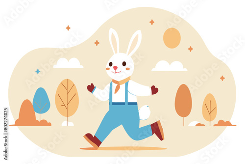 Cartoon rabbit in business clothes happily walking outdoors