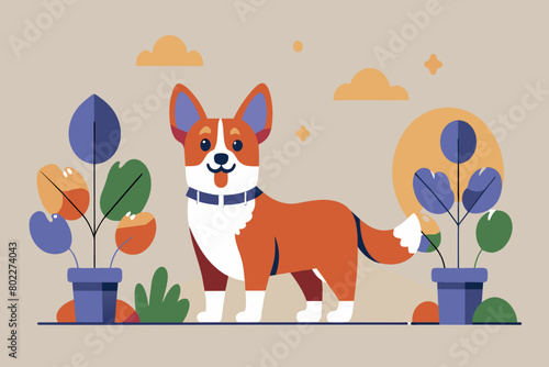 An illustrated corgi with a collar stands amidst colorful flora
