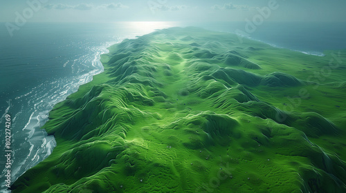 a green mountain with the green color of the sea