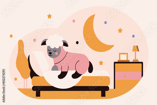 Animated sheep with book in cozy nighttime living room scene