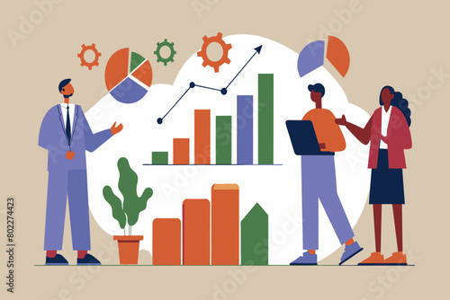 Colleagues discuss charts and data for business analysis