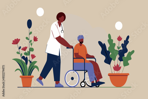 A woman is pushing a man in a wheelchair down the sidewalk