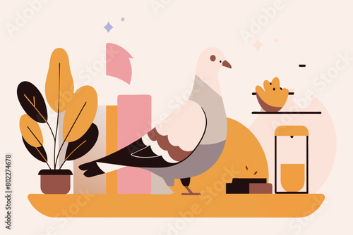 A pigeon perched on a table next to a potted plant in an outdoor setting