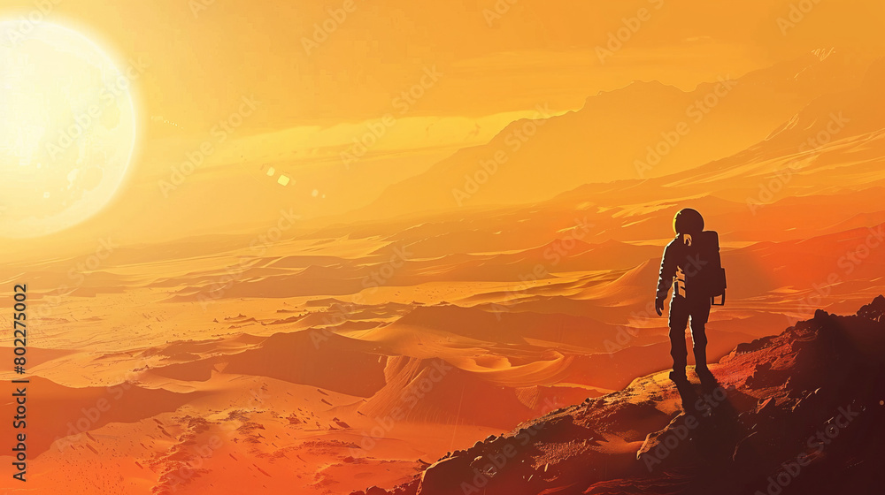 Obraz premium Astronaut exploring the vast Martian landscape at sunset