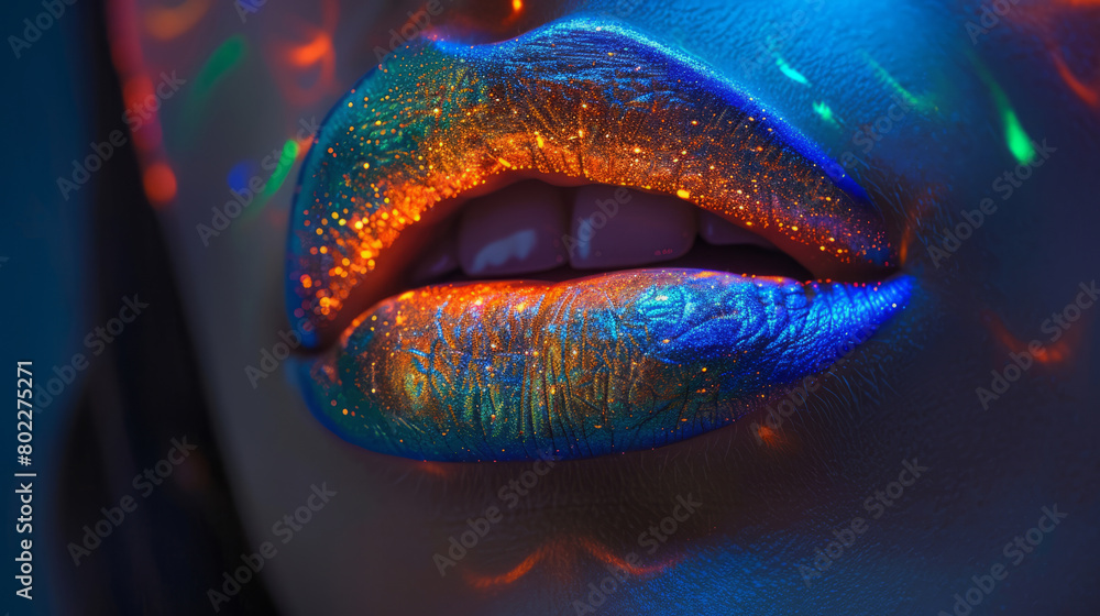 Close-up of vibrant bioluminescent glitter on female lips Close-up of vibrant bioluminescent glitter on female lips