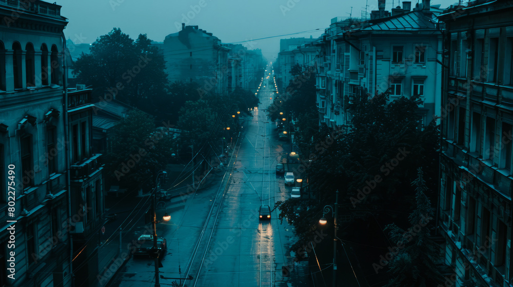 Fototapeta premium Rainy cityscape with glowing street lights at dusk
