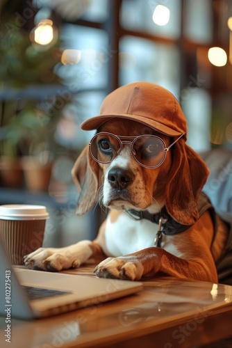 A Beagle in 3D with stylish glasses and a baseball cap, focused on a laptop screen, coffee mug on the table,