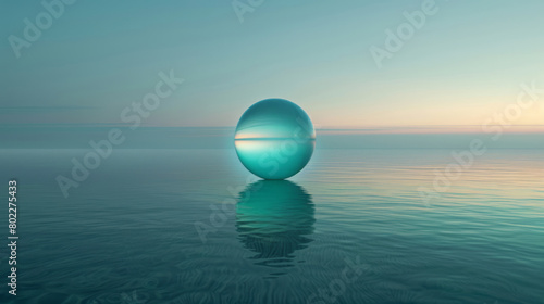 Ethereal sphere floating on tranquil ocean at sunset