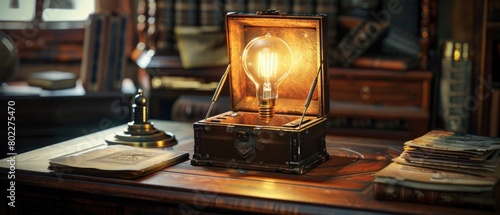 An intricate puzzle box with a lightbulb locked inside, beams of light escaping through the seams, set on a vintage desk photo