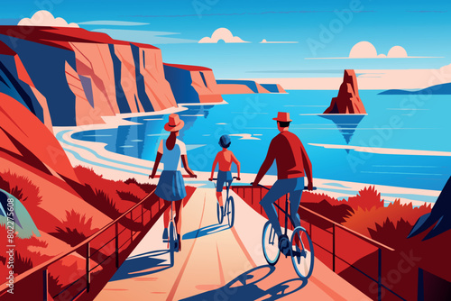 A family of three is riding bicycles along a path beside a body of water