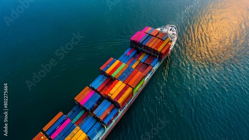 Colorful containers loaded on cargo ship at commercial dock viewed from above. Concept Container Shipping, Commercial Dock, Cargo Ship, Aerial View, Transportation