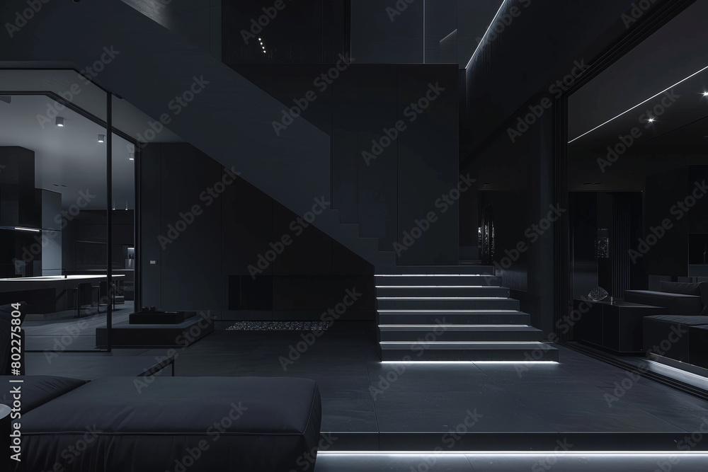 Modern minimalist interior with dark tones and sleek design