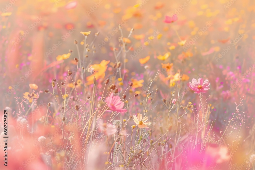 meadow with flowers and butterflies, illustration, defocused