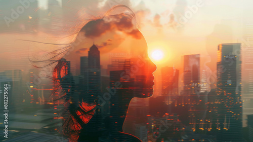 Double exposure of a woman's silhouette against urban sunset