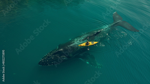 Kayaker encounters a humpback whale in serene ocean waters