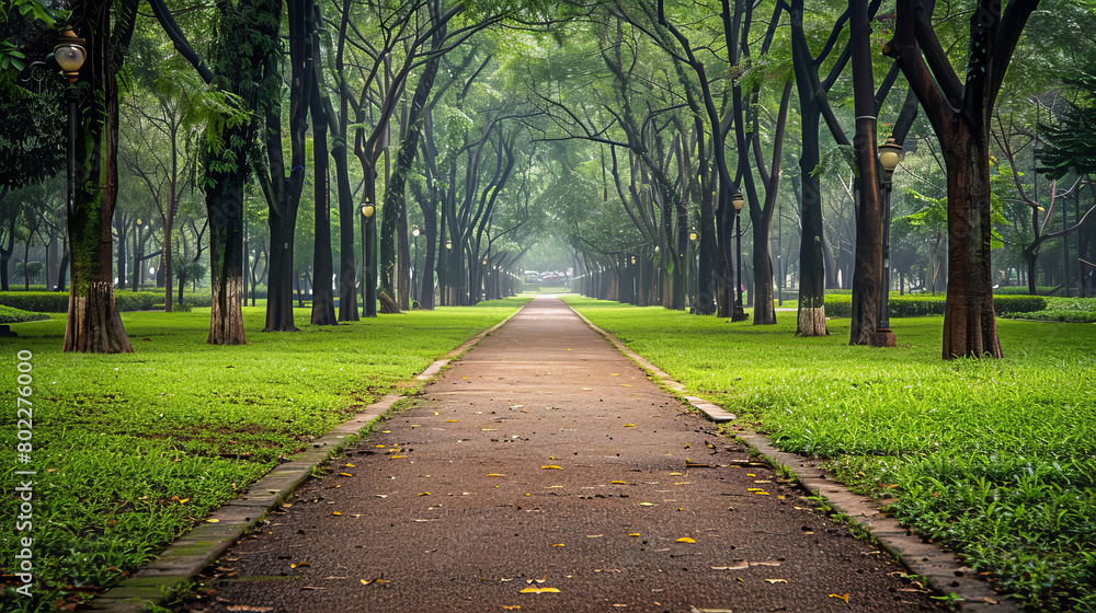 Serene public park pathway surrounded by lush green trees