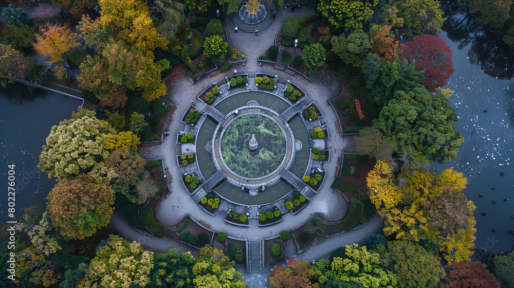 Fototapeta premium Aerial view of a scenic public park with vibrant autumn colors
