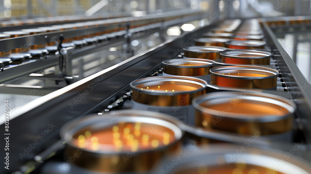 Canning process in a food production facility during daylight hours Canning process in a food production facility during daylight hours