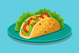 Una ilustración vectorial mínima de un plato con un único taco de aspecto delicioso repleto de ingredientes coloridos como carne molida sazonada, lechuga, tomate, queso y aguacate.
