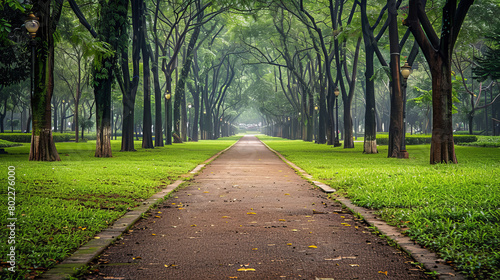 Serene public park pathway surrounded by lush green trees