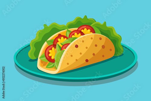 Una ilustración vectorial mínima de un plato con un único taco de aspecto delicioso repleto de ingredientes coloridos como carne molida sazonada, lechuga, tomate, queso y aguacate.