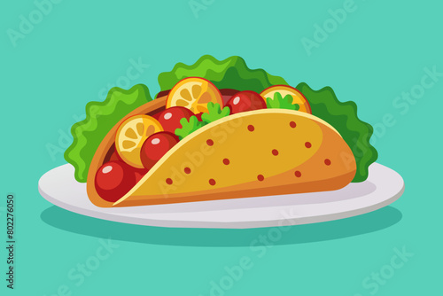 Una ilustración vectorial mínima de un plato con un único taco de aspecto delicioso repleto de ingredientes coloridos como carne molida sazonada, lechuga, tomate, queso y aguacate.