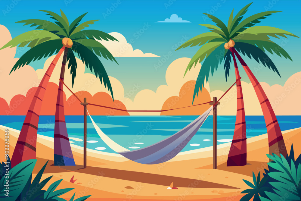 A beach scene with two palm trees and a hammock