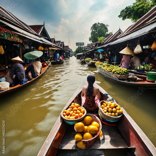 A joyful long-tail boat ride through Floating Market Damnoen Saduak, captured with a wide-angle lens to encompass Thai culture. photo