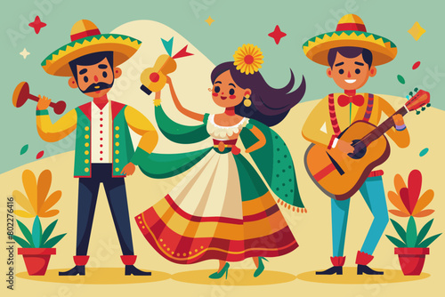 A set of flat vector characters in traditional Mexican attire celebrating Cinco de Mayo - a mariachi musician with a trumpet, a woman in a flowing dress holding a maraca, and a man twirling a sombrero