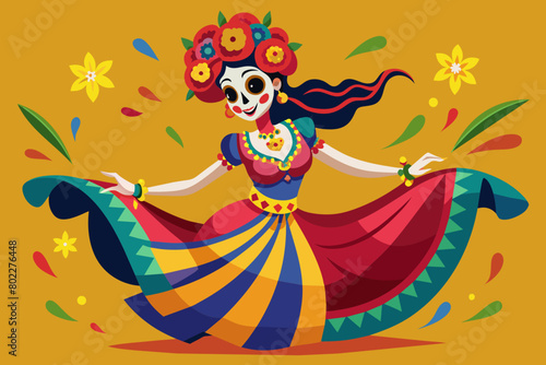Bailarina folclórica mexicana con un vibrante vestido rojo y verde, dando vueltas durante la celebración del Cinco de Mayo.