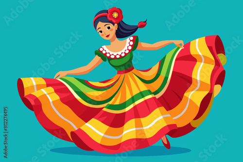 Bailarina folclórica mexicana con un vibrante vestido rojo y verde, dando vueltas durante la celebración del Cinco de Mayo.