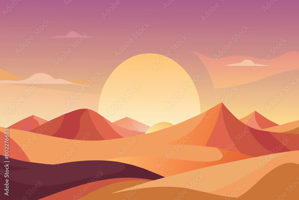 A desert landscape with mountains and a large sun in the sky A desert landscape with mountains and a large sun in the sky
