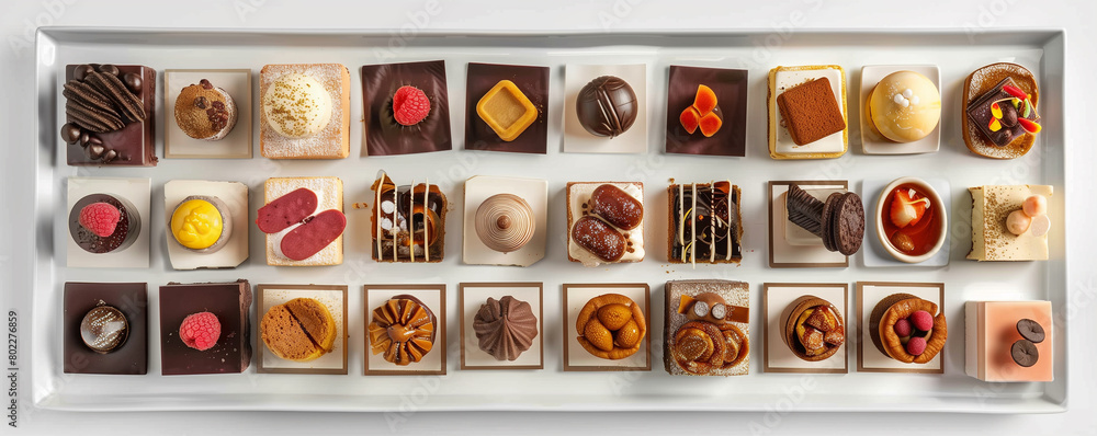 flat lay display of elegant dessert trays filled with gourmet petit fours and bite-sized treats on a white background.