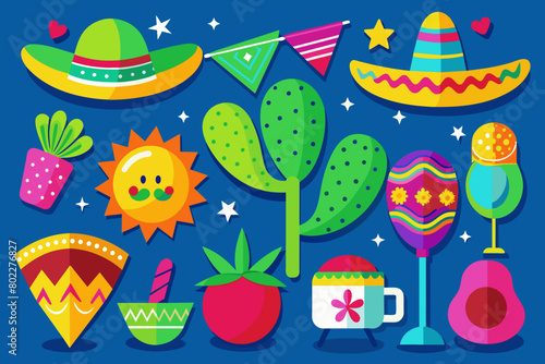 Un conjunto vectorial plano de íconos de colores brillantes que representan elementos esenciales de la fiesta del Cinco de Mayo: maracas, sombreros, cactus, tacos, margaritas y banderas de papel picad