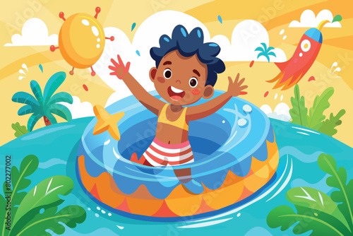 A young boy is in a pool with a yellow float