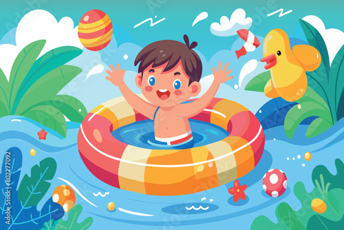 A boy is in a pool with a yellow and red raft