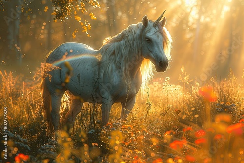 Enchanted unicorn meadow with shimmering rainbows