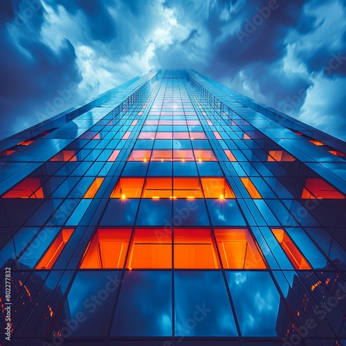 Looking up at a skyscraper made of blue glass and orange lights with stormy clouds in the background.