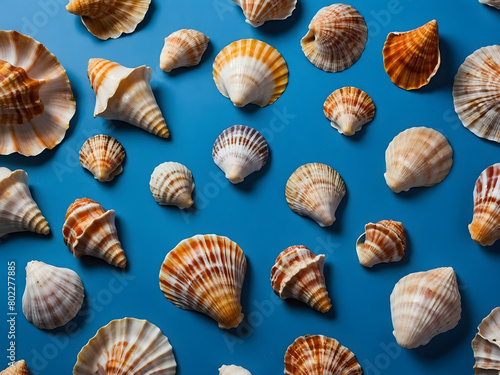 a serene composition of sea shells resting on a blue background, observed from above.