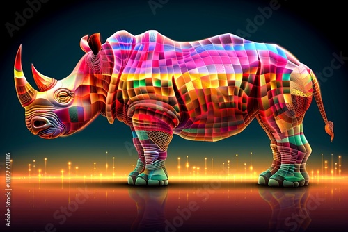 A colorful geometric rhinoceros stands against a neon backdrop, its body a vibrant patchwork of glowing patterns.
