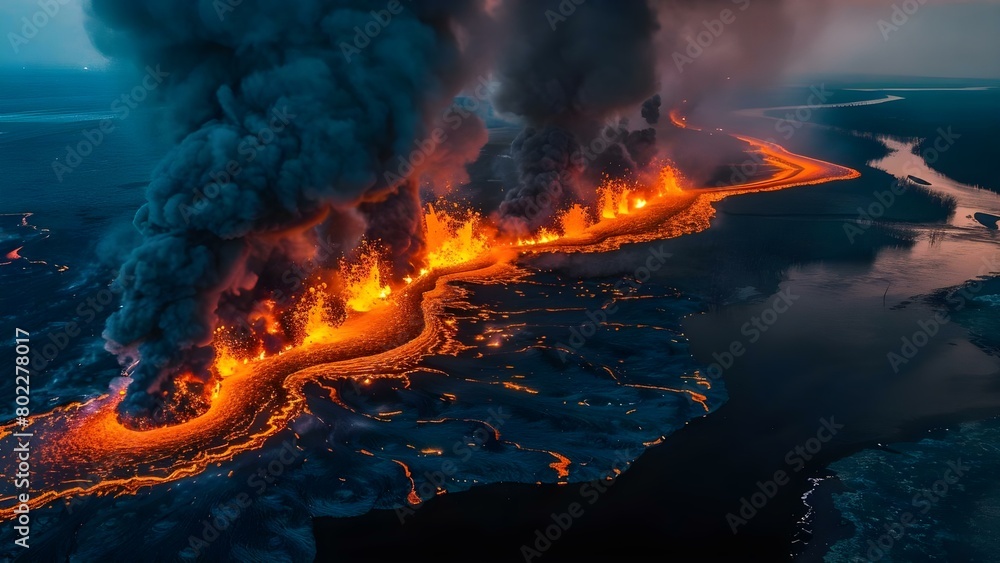 Alert about climate change: volcanic activity leading to floods and fires on Earth. Concept Climate Change, Volcanic Activity, Floods, Fires, Environmental Disasters