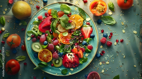 Vibrant Overhead Studio Shot of Assorted Fresh Fruits Vegetables and Grains Artfully Arranged on a Plate Against a Neutral Background Highlighting Generative ai
