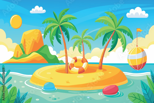 A tropical island with palm trees and a beach