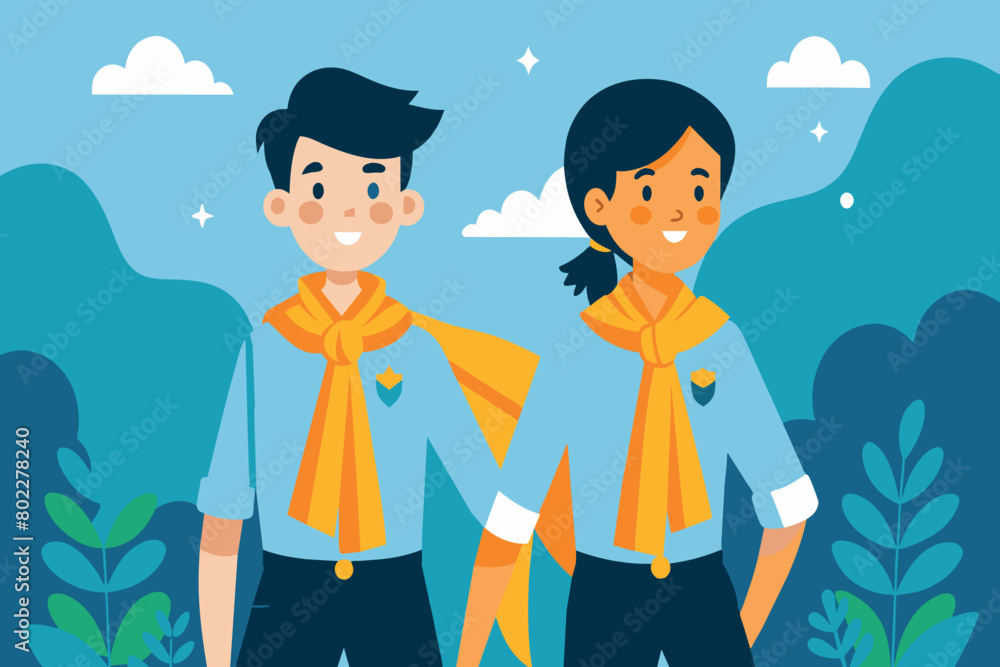 Two young people are standing next to each other, one wearing a yellow scarf Two young people are standing next to each other, one wearing a yellow scarf