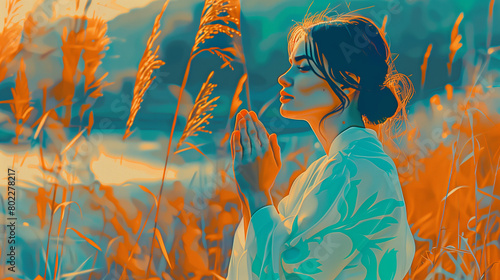 Beautiful girl in a field of reeds. 3d rendering