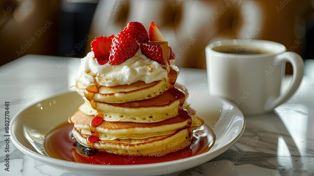A close-up image of a cup of espresso with pancakes stacked high, dripping with maple syrup and topped with fresh strawberries and a dollop of whipped cream, on a marble countertop under soft A close-up image of a cup of espresso with pancakes stacked high, dripping with maple syrup and topped with fresh strawberries and a dollop of whipped cream, on a marble countertop under soft