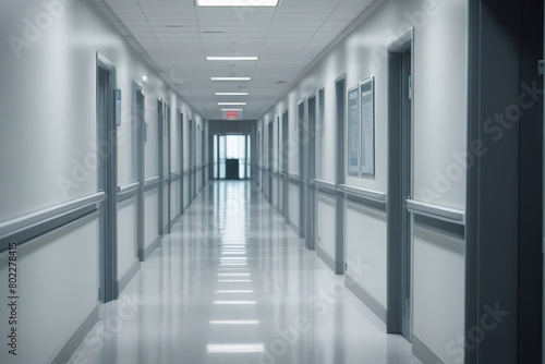Empty hospital corridor with bright lighting and clean  modern design. Healthcare and medicine concept