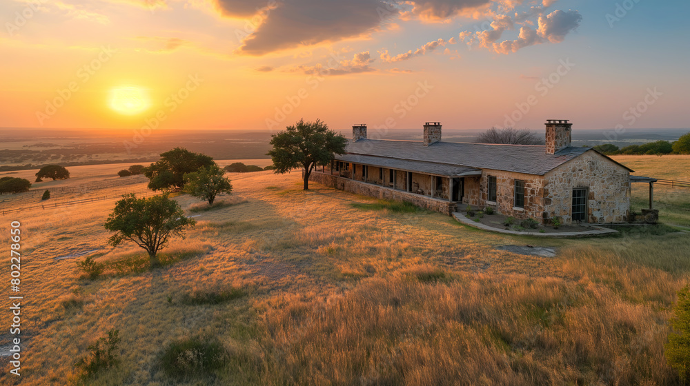 Rustic Stone House at Sunset in Serene Countryside Landscape